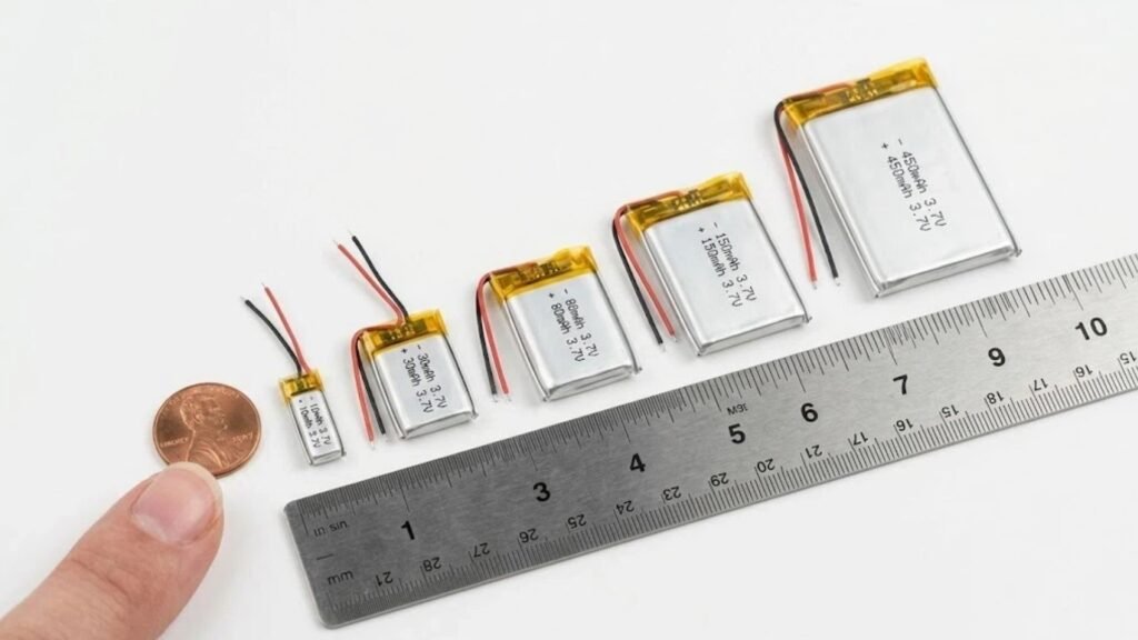 Small lipo battery guide tiny pouch cells with ruler for scale A&S Power