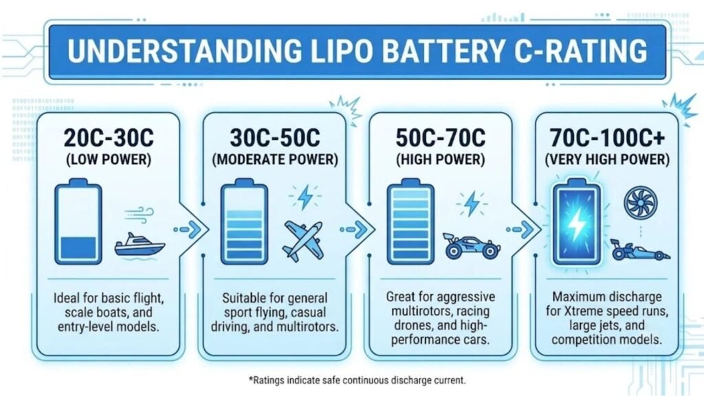 Lipo battery C-rating infographic 20C to 100C A&S Power