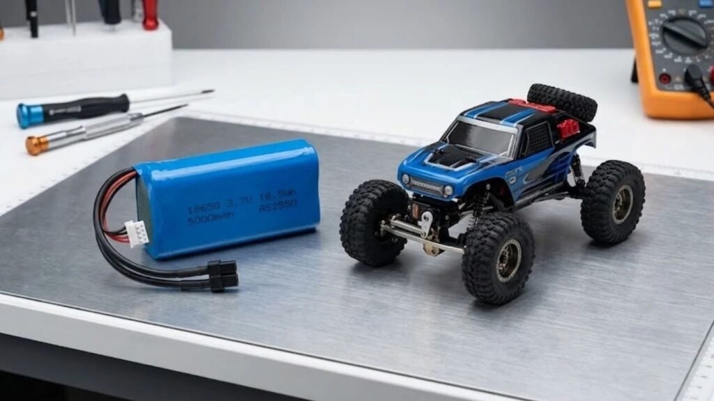 RC lipo battery guide with RC car on workbench A&S Power