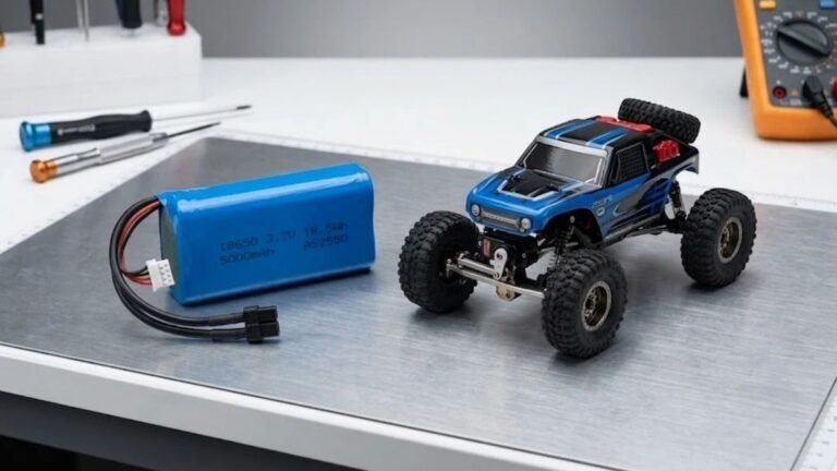 RC lipo battery guide with RC car on workbench A&S Power