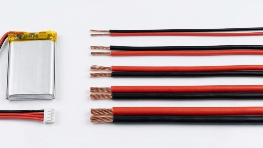 Red and black battery lead wires in different AWG gauges with stripped stranded copper ends next to a lithium polymer cell
