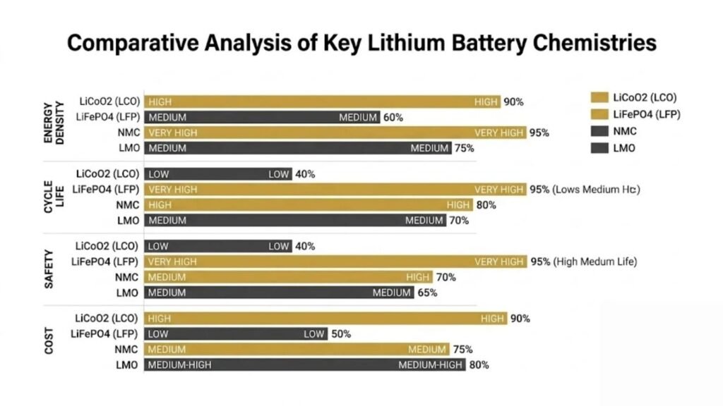 lithium battery chemistry comparison: LiCoO2, LiFePO4, NMC and LMO by energy density, cycle life and safety