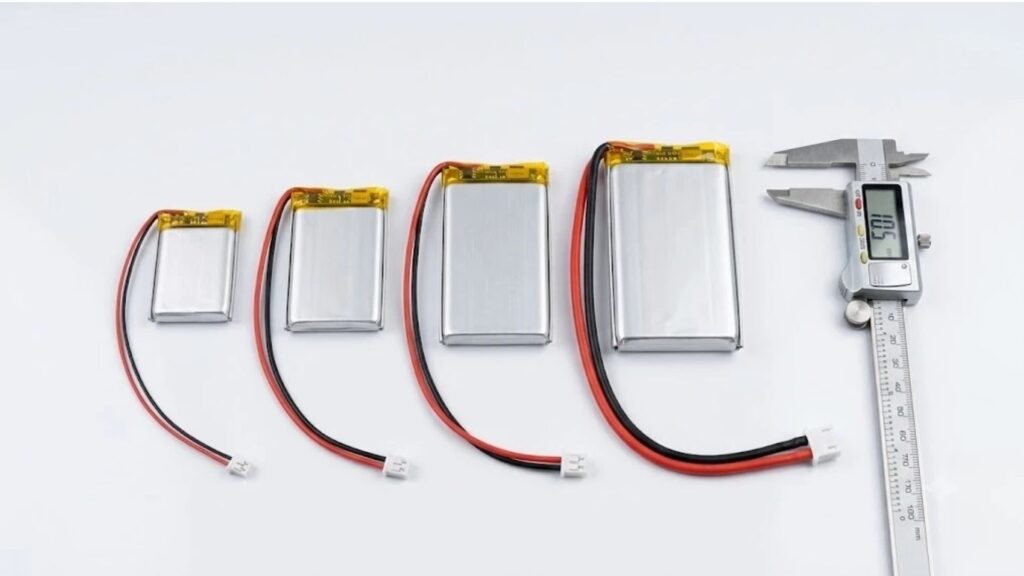 Lithium polymer battery packs with red and black lead wires and JST connectors in different wire gauges on a white background