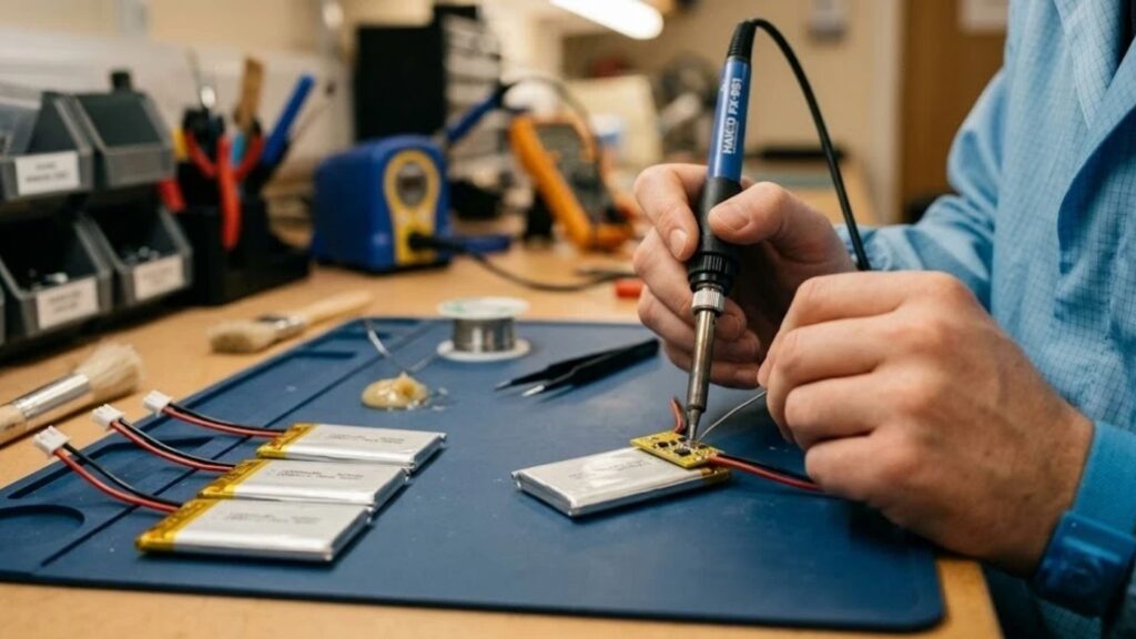 Engineer soldering red and black lead wires to the protection board of a lithium polymer battery pack in the factory