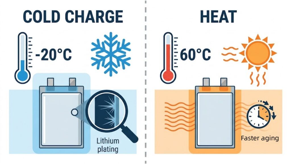 Cold versus heat effects on a lithium battery cell showing lithium plating in cold and side reactions in heat