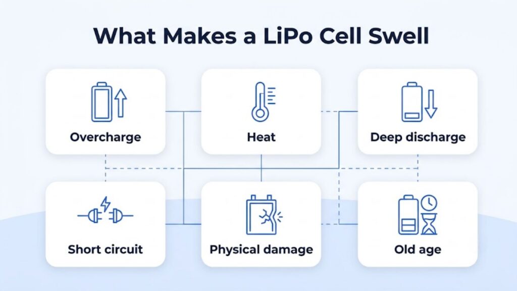 Infographic of the common causes of a swollen LiPo battery: overcharge, heat, deep discharge, internal short, physical damage and old age