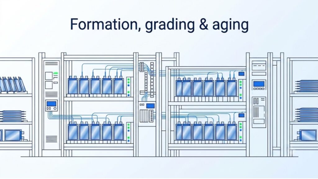 Lithium polymer cells on formation, capacity grading and aging racks in a battery factory quality control line