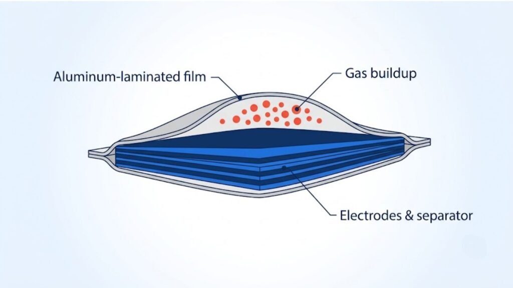 Cutaway diagram of a lithium polymer pouch cell showing aluminum-laminated film, electrodes and gas buildup between the layers