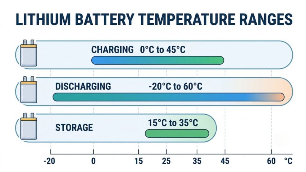 Lithium battery charging, discharging and storage temperature range chart with degree values