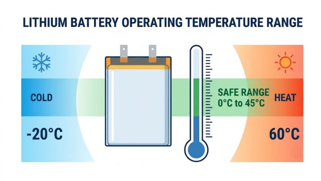 Lithium polymer battery with a thermometer showing the safe operating temperature range from cold to heat