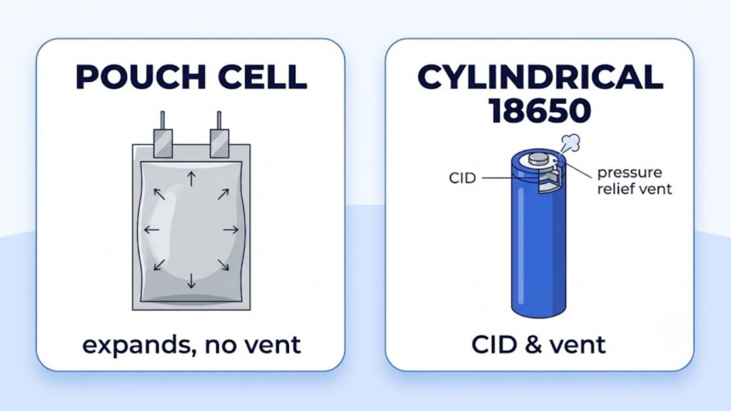 Soft lithium polymer pouch cell compared to a cylindrical 18650 cell showing the CID and pressure relief vent on the cylindrical top