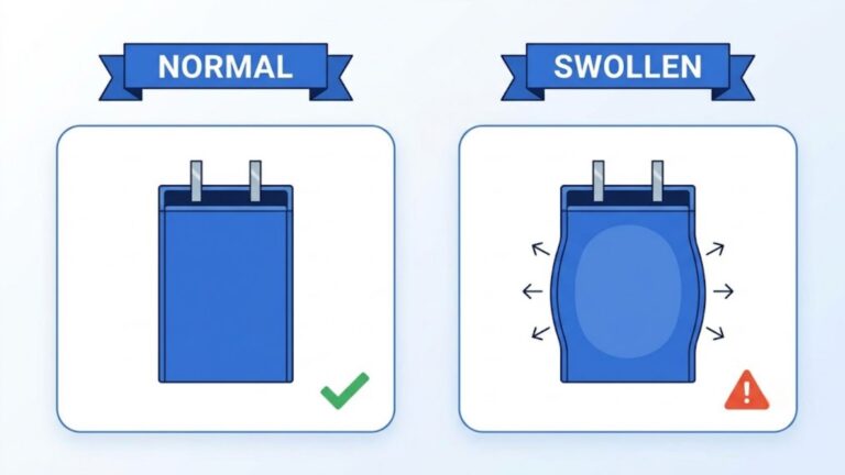 A swollen puffed lithium polymer pouch battery next to a normal flat LiPo cell showing internal gas buildup