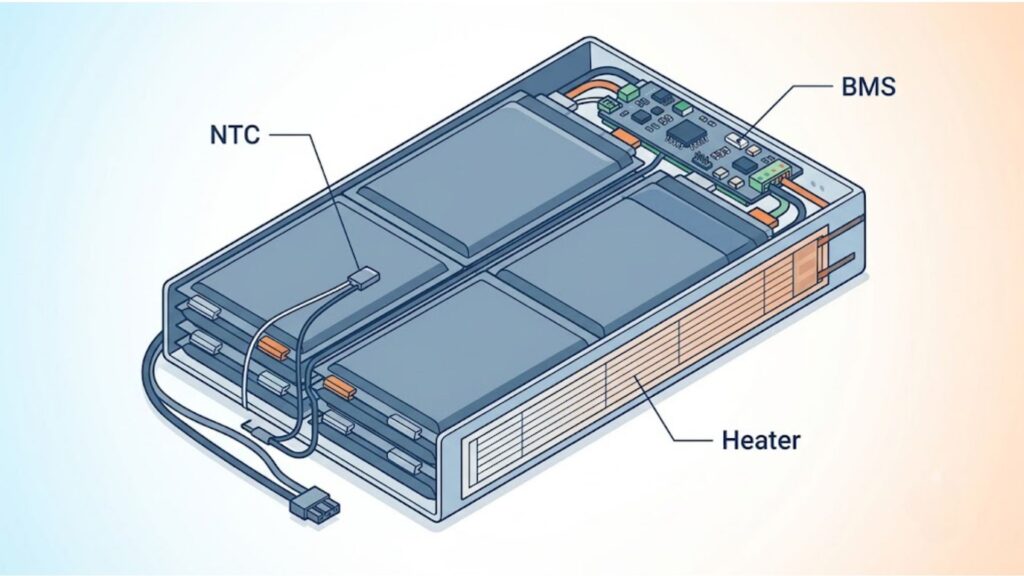 Wide-temperature custom lithium polymer battery pack with NTC thermistor and heating element for thermal management